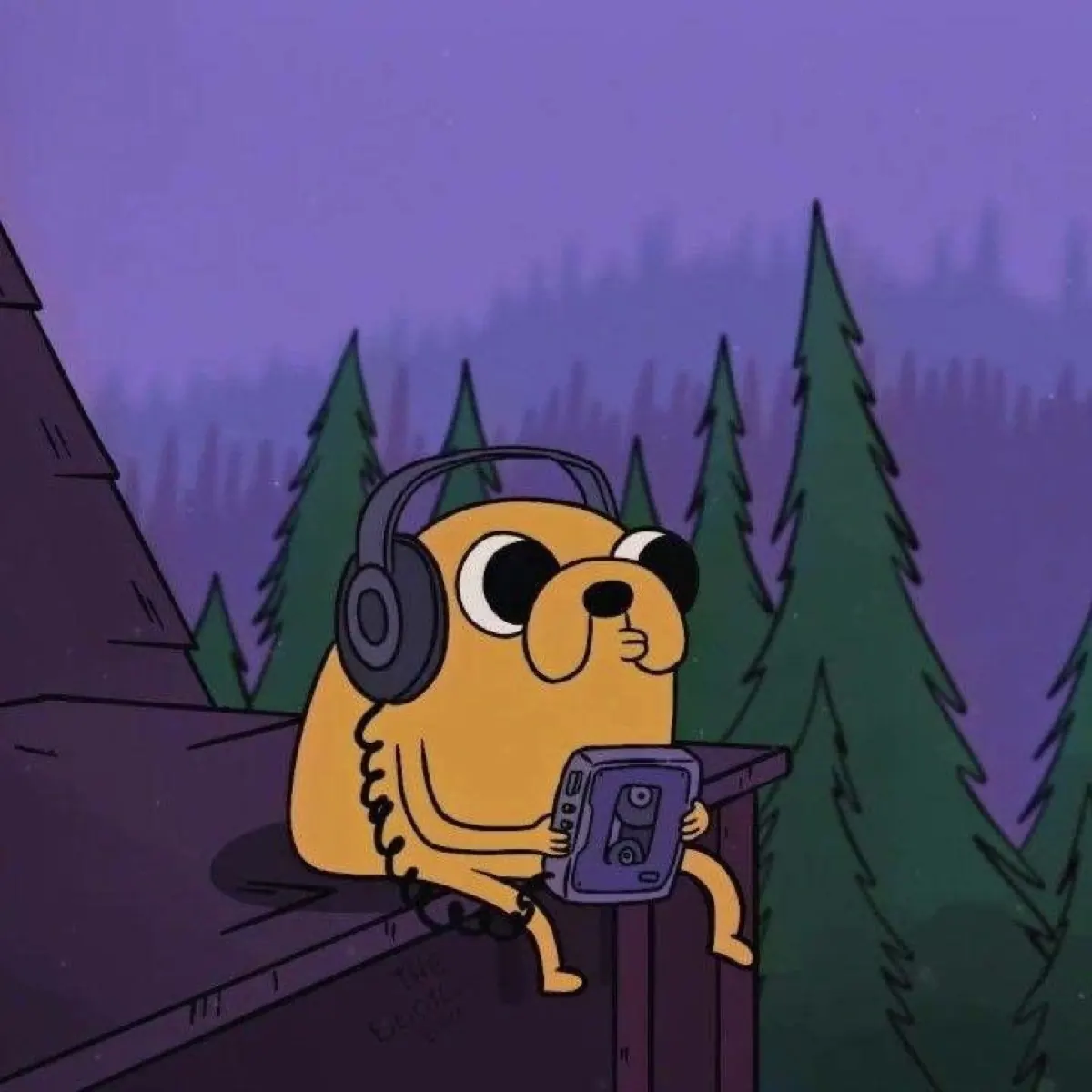 Cartoon character with headphones listening in a purple forest